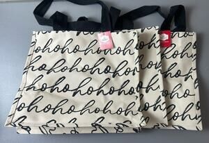 Neutral HoHoHo Christmas Cursvive Script Reusable Canvas Tote Bag x 3 Large